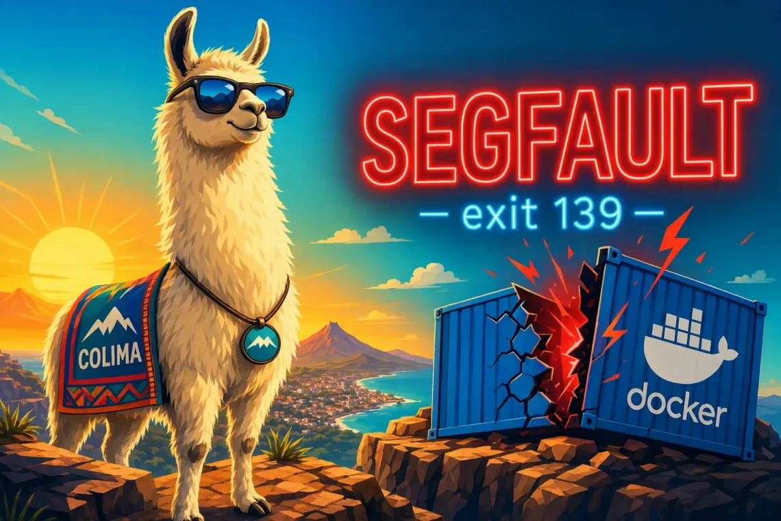 A cartoon llama in sunglasses with a COLIMA blanket stands on a cliff beside a neon sign reading SEGFAULT and exit 139, next to a blue Docker container cracked open by a red lightning bolt