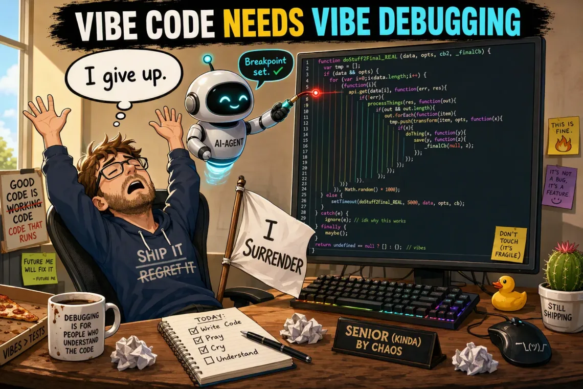 A cartoon developer slumped back in a chair with both arms raised in surrender beside a white flag reading I SURRENDER, while a small AI robot calmly sets a breakpoint in a wall of tangled code on the monitor. Caption: VIBE CODE NEEDS VIBE DEBUGGING