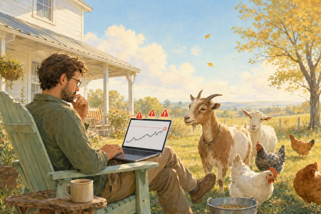 A developer resting on a bright September evening at a small farm, interrupted by laptop notifications.
